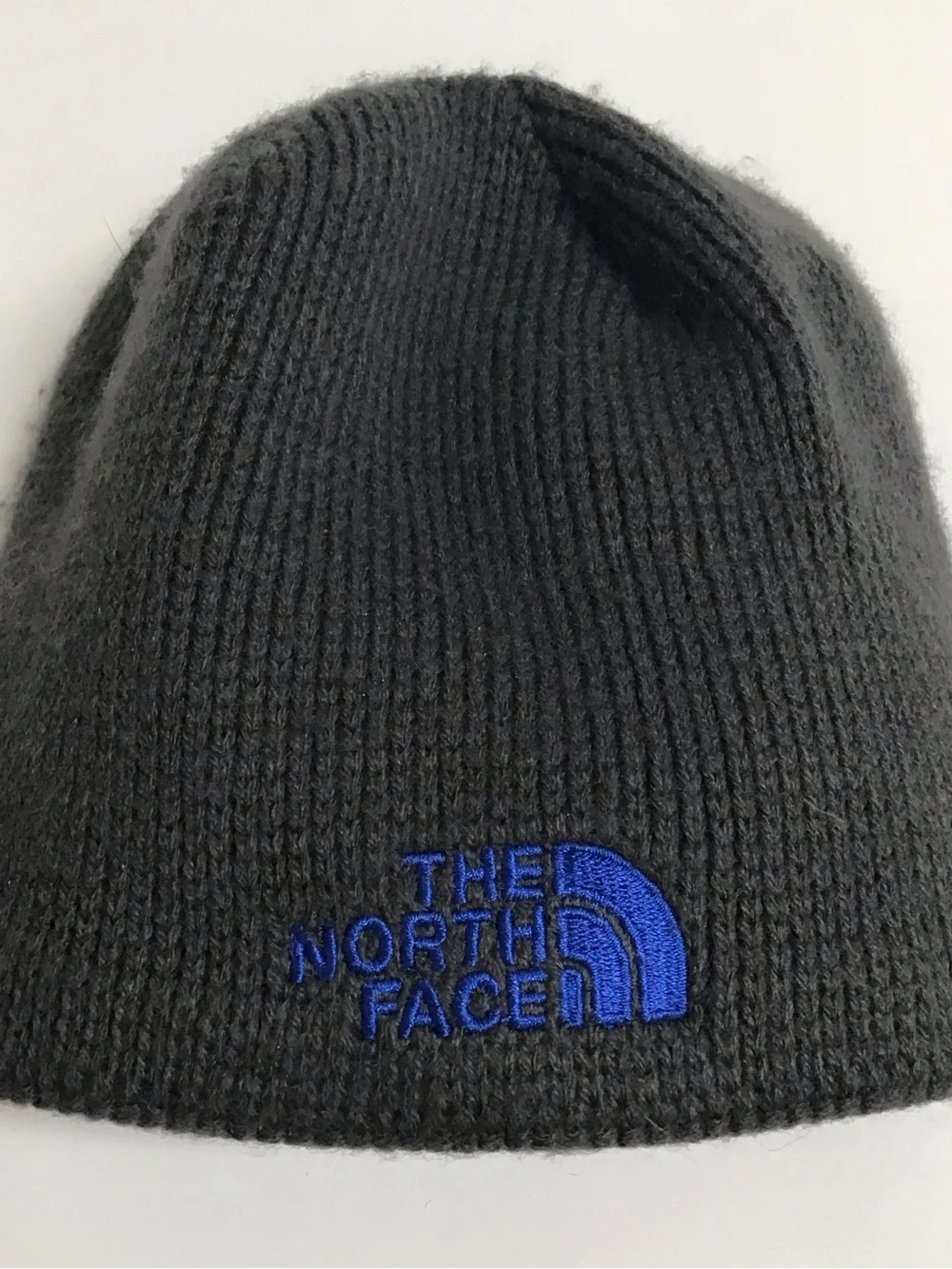 The North Face Beanie Hat Youth/Junior Medium Gray Cobalt Blue Logo Fleece Liner